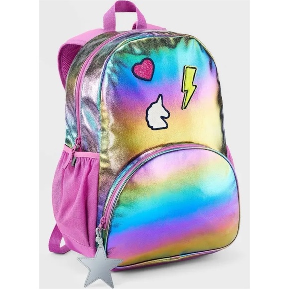 NWT Cat & Jack Iridescent 16.5” Backpack with Patches - Picture 1 of 8
